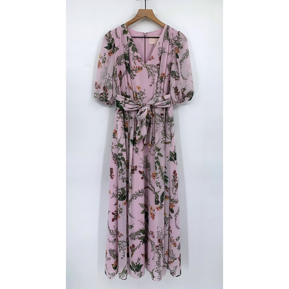 Gal Meets Glam Maxi Dress Women 6 Purple Floral Chiffon Garden Romantic Pockets